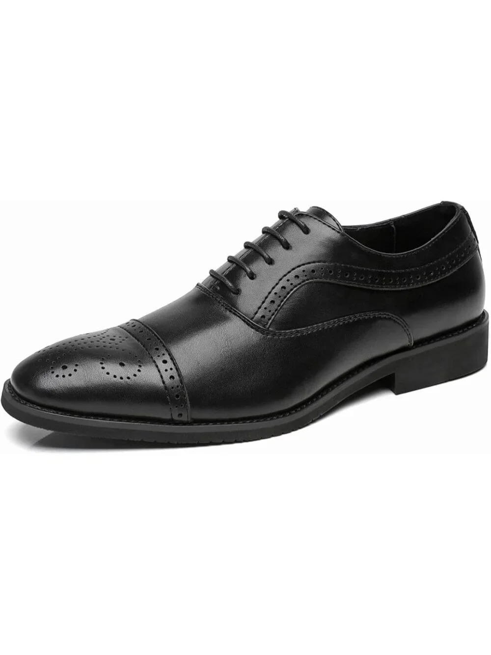 Men's Black Leather Wingtip Cap Toe Formal Business Brogue Punched Oxford Shoes